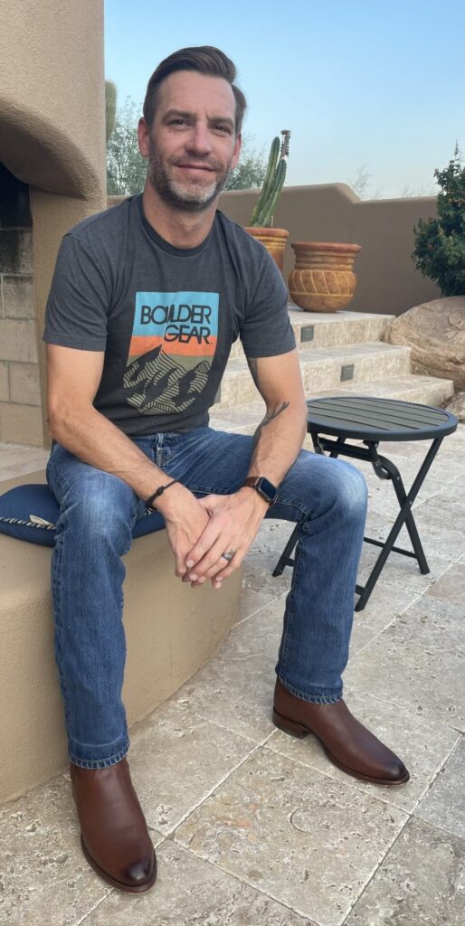 Adam Garry wearing Boulder Gear t shirt